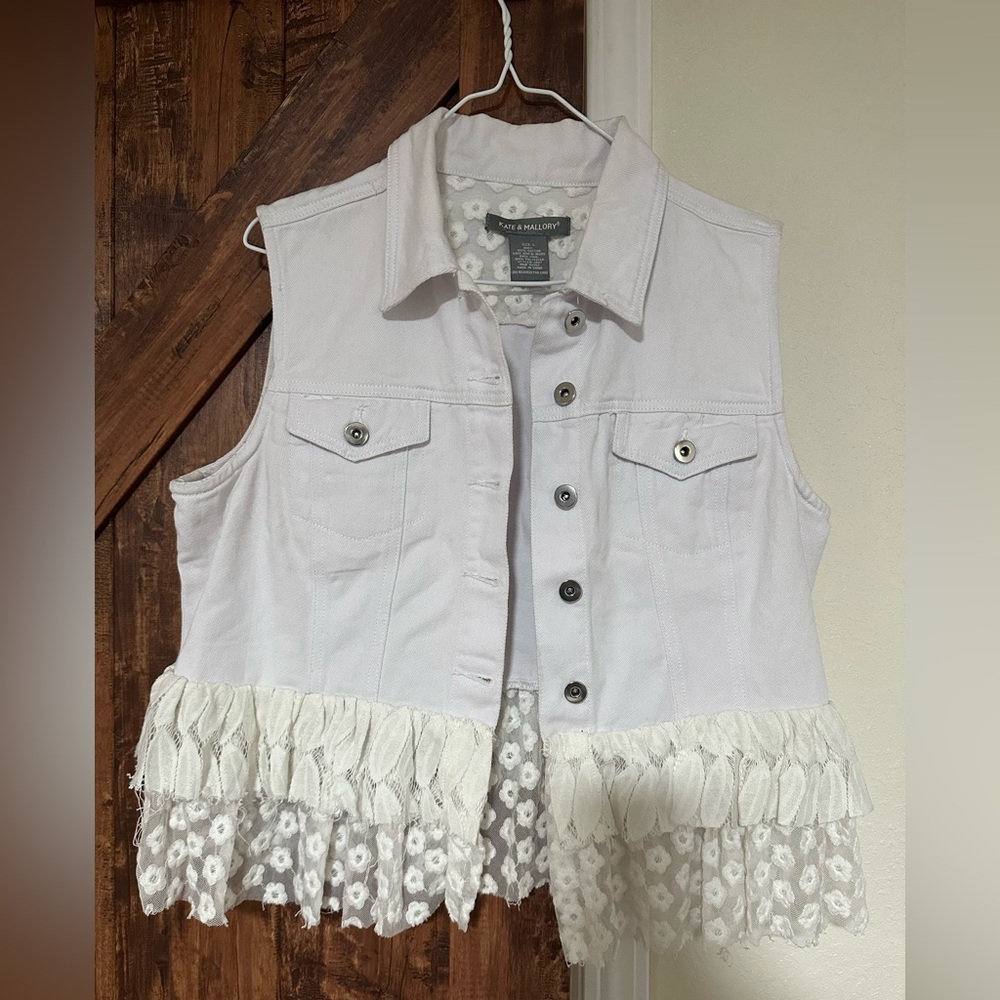 Kate & Mallory Women White Denim Jacket with lace floral details.